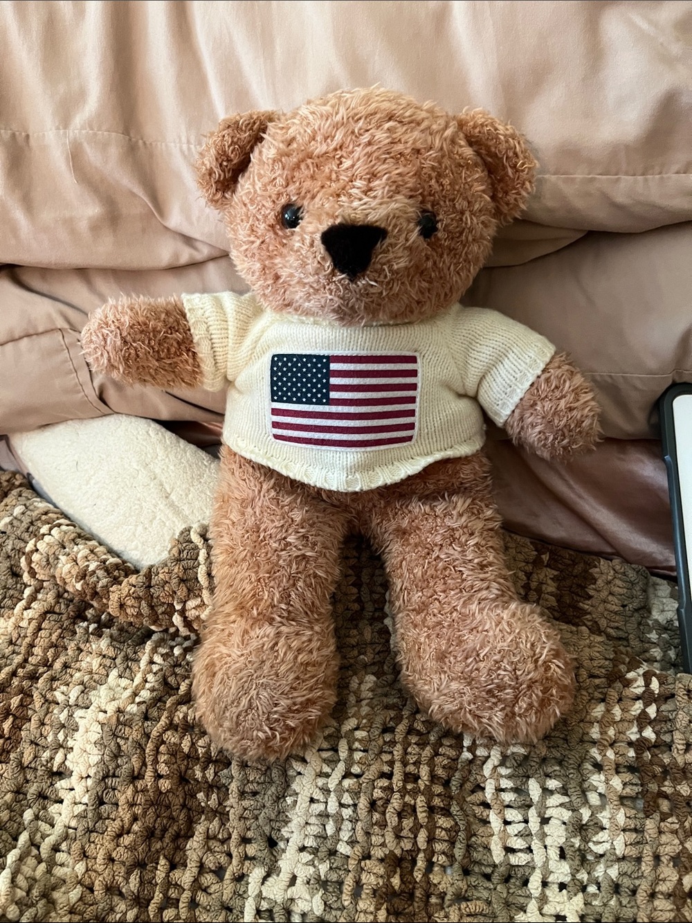 EUC Beverly Hills Plush Brown Teddy Bear with Cream Knit American Flag Sweater